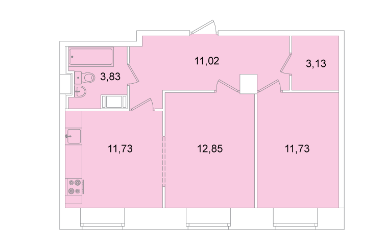Двухкомнатная квартира 54.3 м²