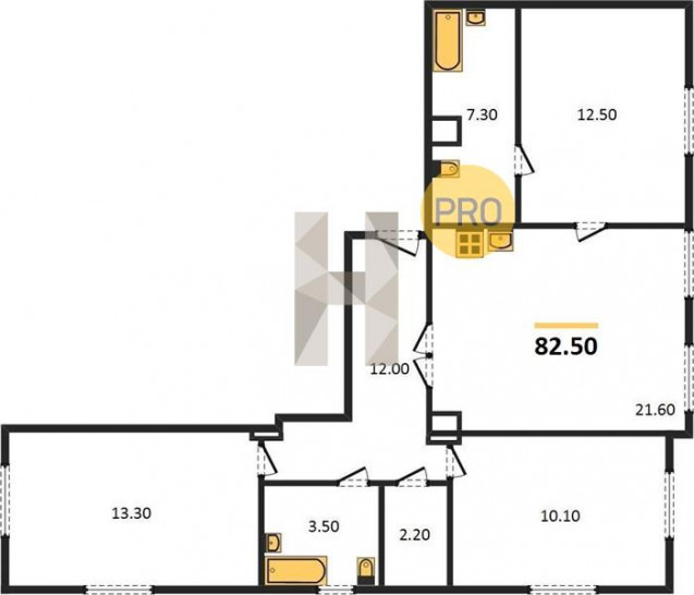 Трёхкомнатная квартира 82.5 м²