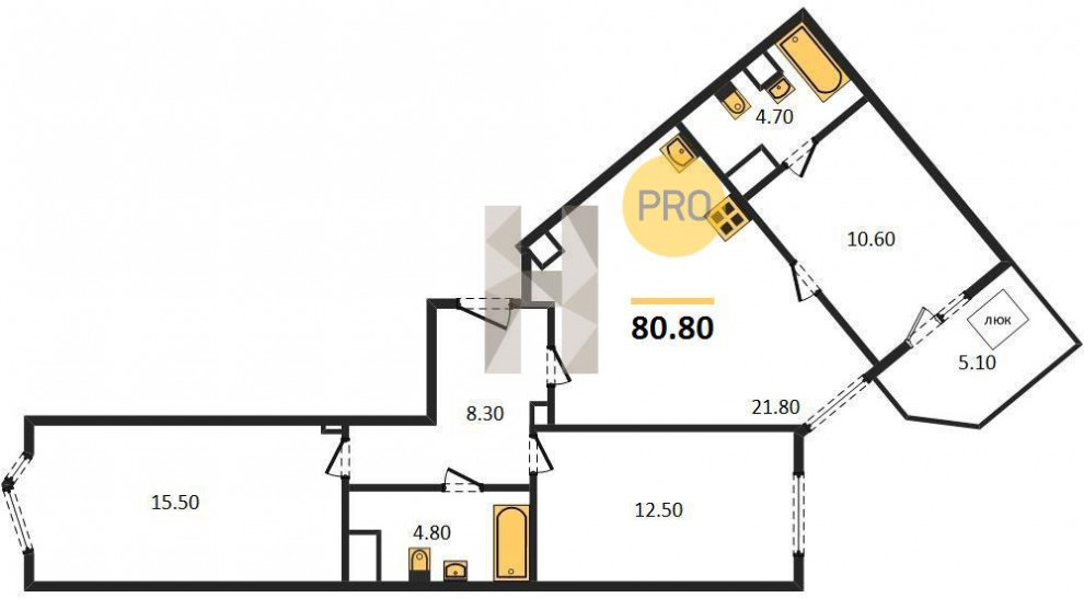 Трёхкомнатная квартира 80.8 м²