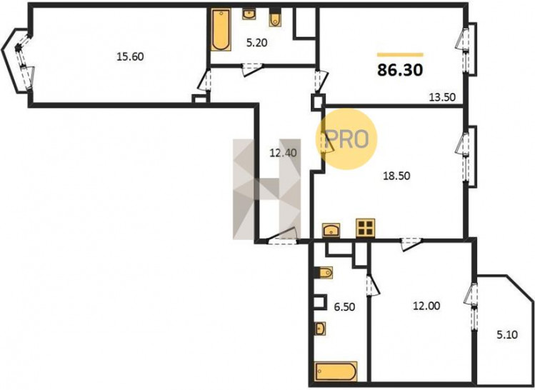 Трёхкомнатная квартира 86.3 м²