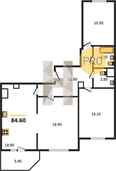 Трёхкомнатная квартира 84.6 м²