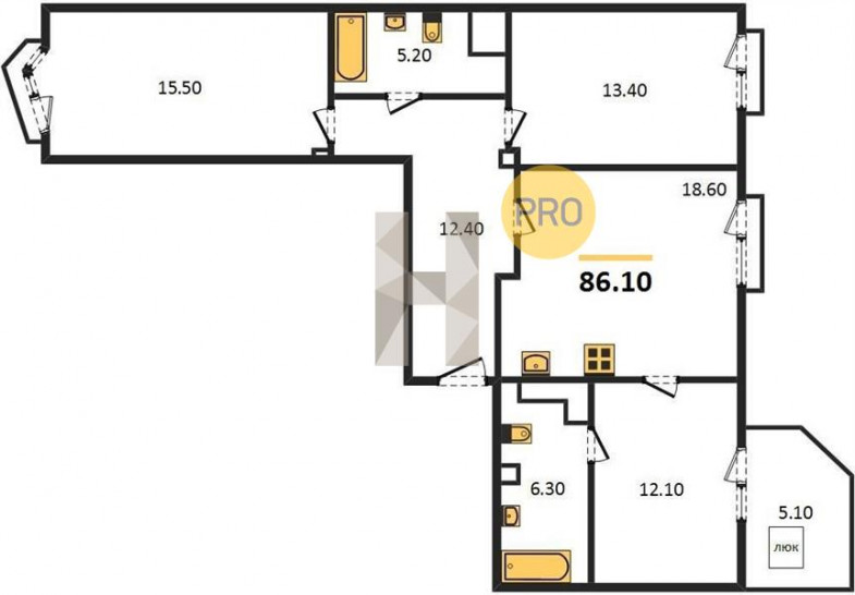 Трёхкомнатная квартира 86.1 м²