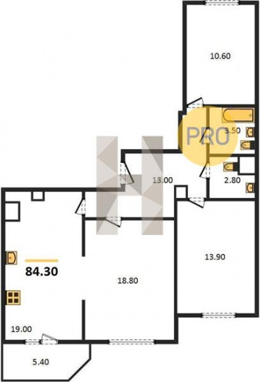 Трёхкомнатная квартира 84.3 м²