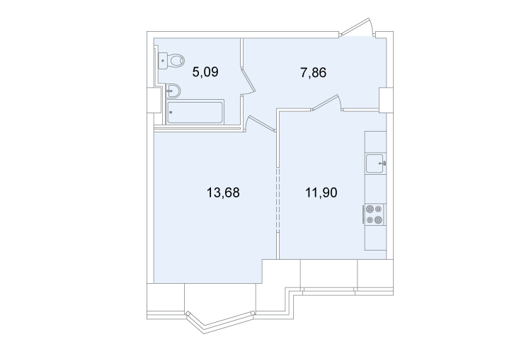 Однокомнатная квартира 38.6 м²
