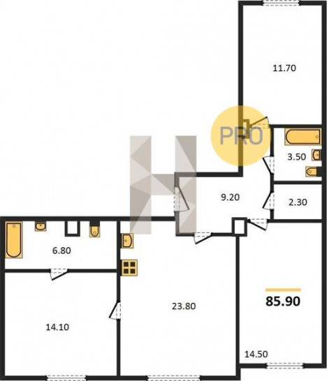 Трёхкомнатная квартира 85.9 м²