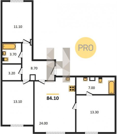 Трёхкомнатная квартира 84.1 м²