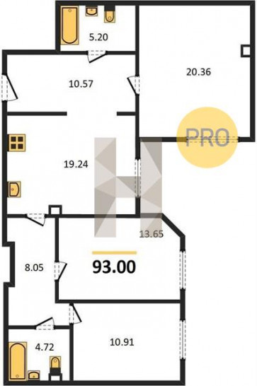 Трёхкомнатная квартира 93 м²