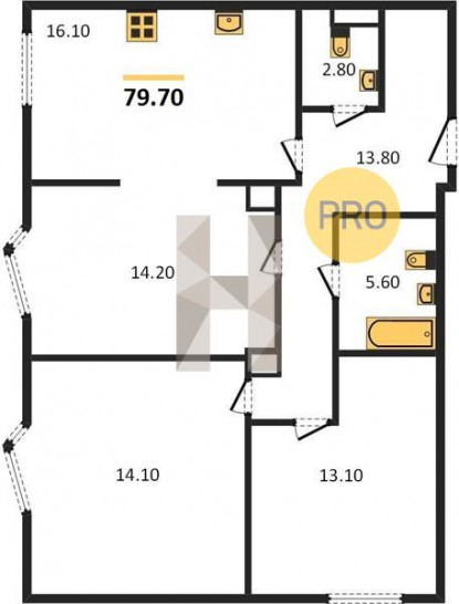 Трёхкомнатная квартира 79.7 м²