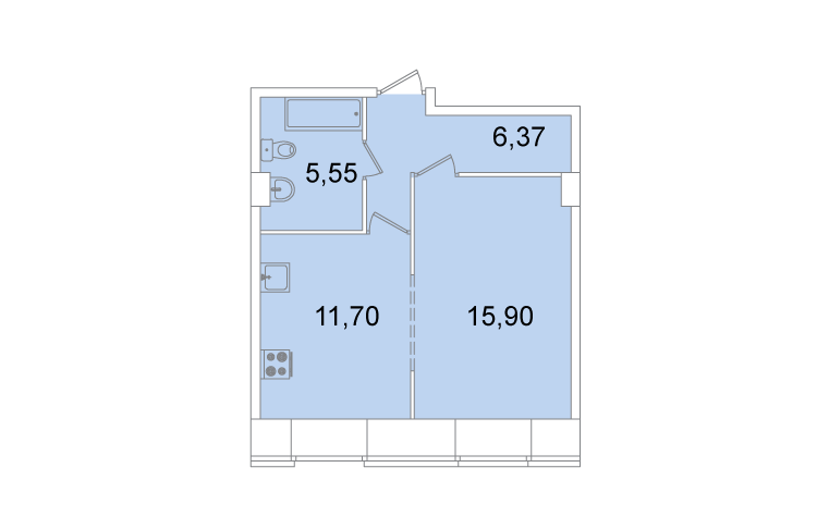Однокомнатная квартира 39.5 м²
