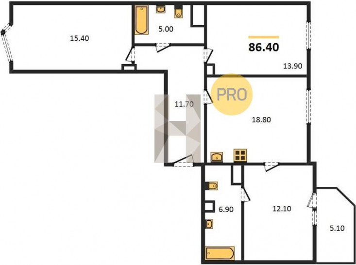 Трёхкомнатная квартира 86.4 м²
