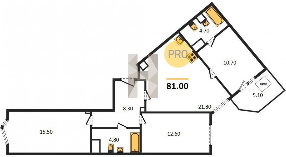 Трёхкомнатная квартира 81 м²