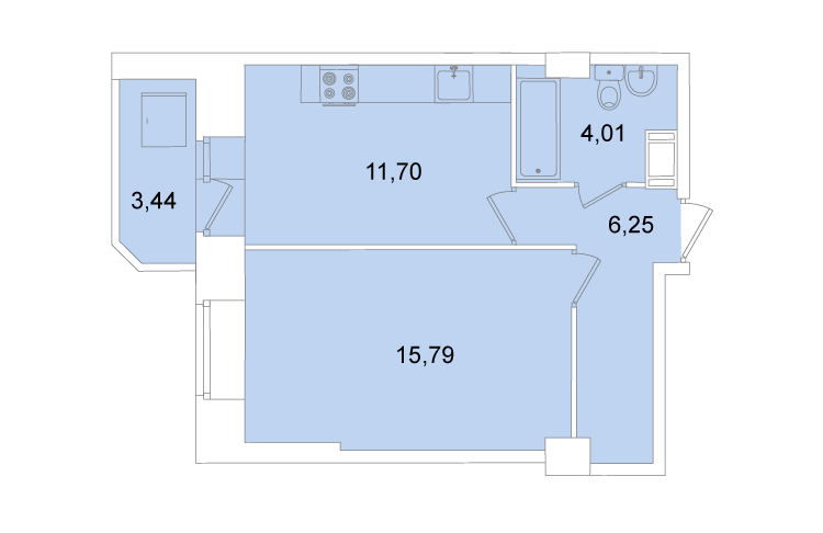 Однокомнатная квартира 39.5 м²