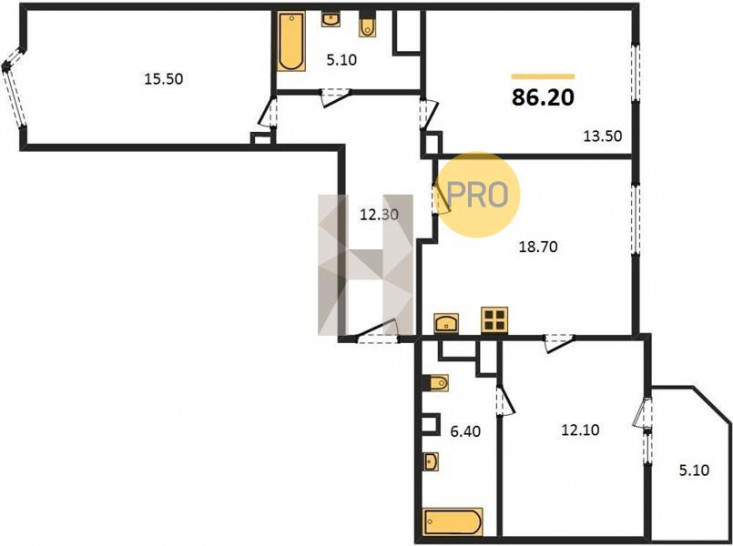 Трёхкомнатная квартира 86.2 м²