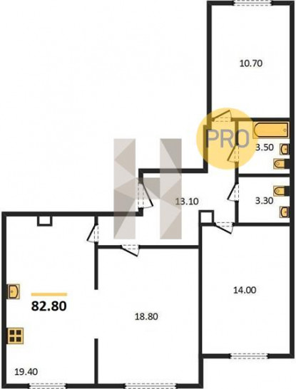 Трёхкомнатная квартира 82.8 м²