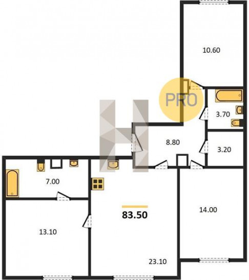 Трёхкомнатная квартира 83.5 м²