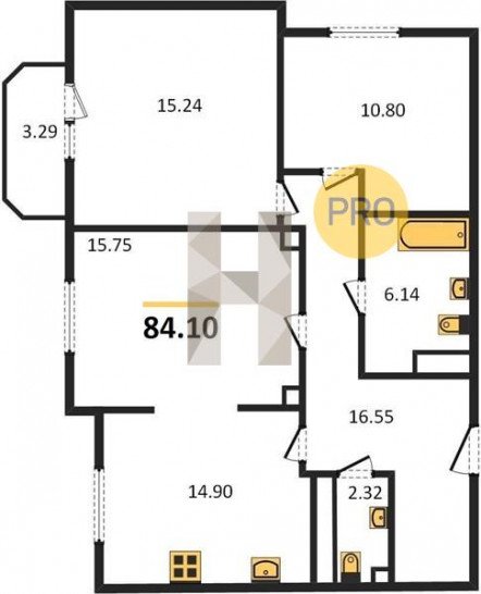 Трёхкомнатная квартира 84.1 м²